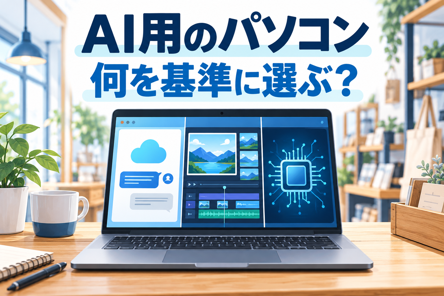 AI用のパソコンは何を基準に選ぶ? 文章作成、写真・動画編集、PC内AIの用途を示すAI生成の概念イメージ