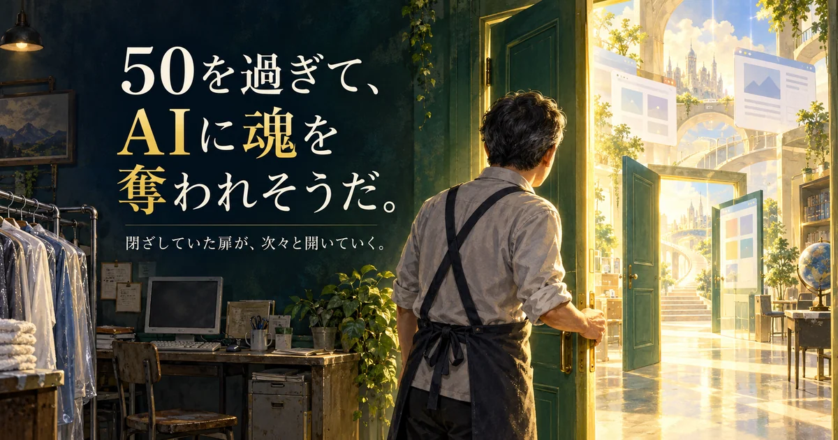 クリーニング店の店主をイメージした人物が、Webやアプリの世界へ続く光の扉を開くイラスト