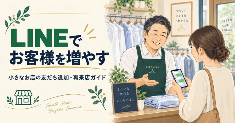 クリーニング店の店主がスマートフォンを持つお客様にLINEの利用を案内するイラスト