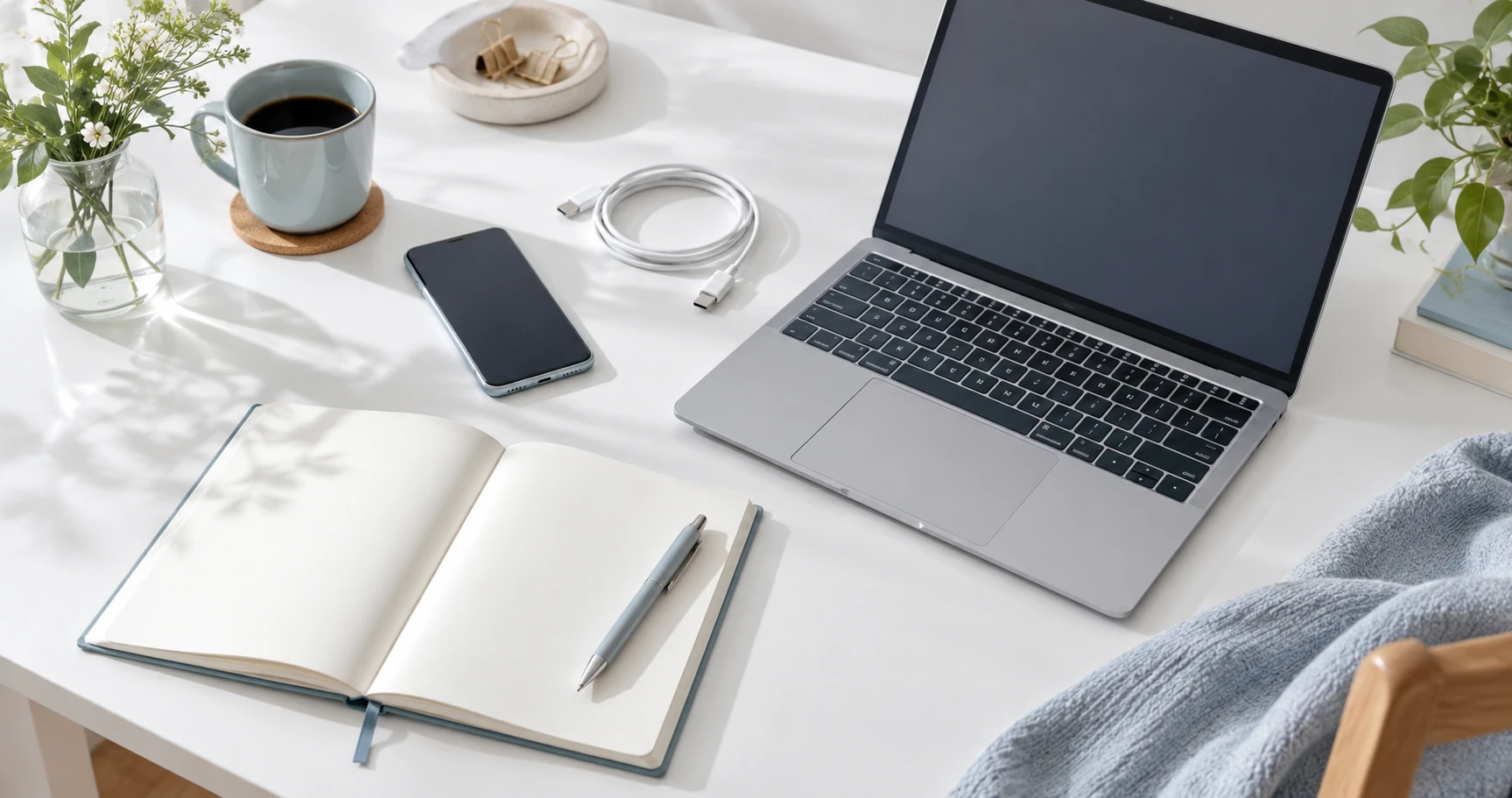 スマートフォン、ノートPC、ケーブルとメモ帳を並べた明るい机のイメージ