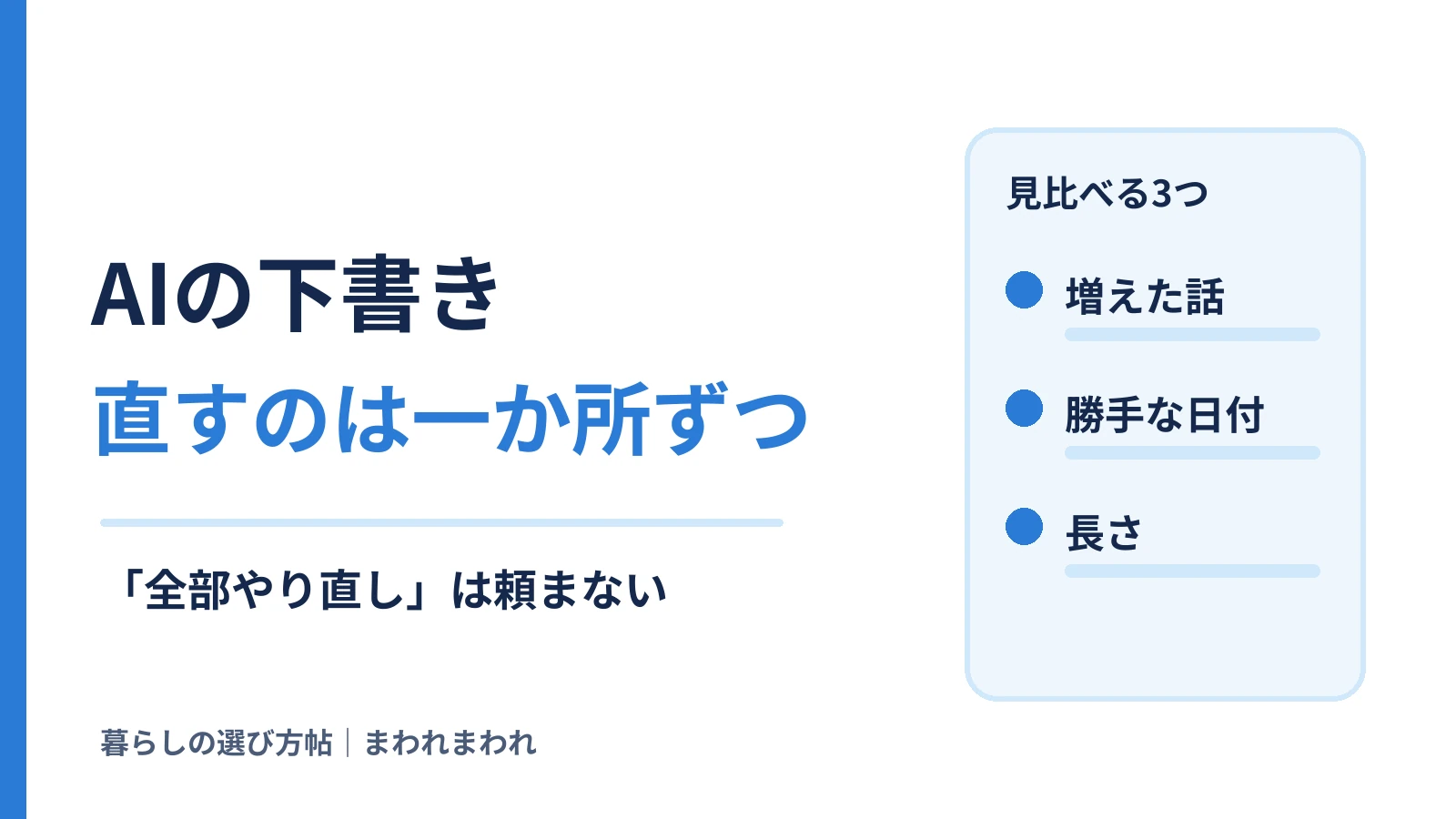 AIの下書き、直すのは一か所ずつ。見比べる3つ（増えた話・勝手な日付・長さ）を並べた図