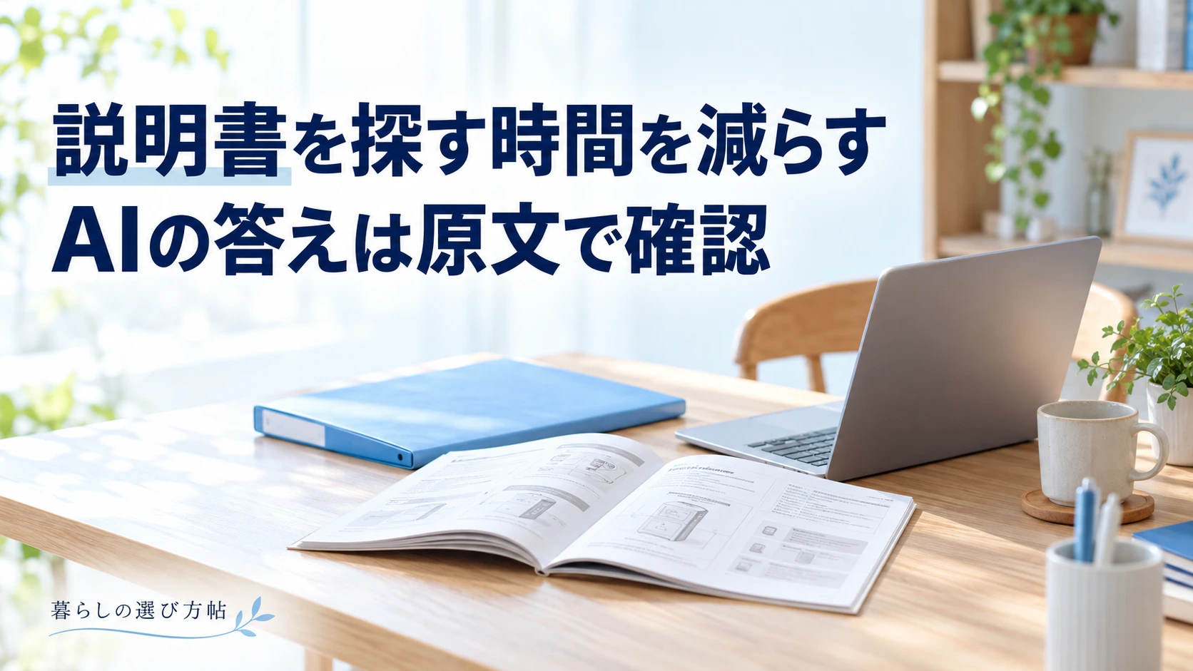説明書を探す時間を減らす。AIの答えは原文で確認という見出しと、説明書・青いファイル・パソコンを並べた机の概念イメージ。