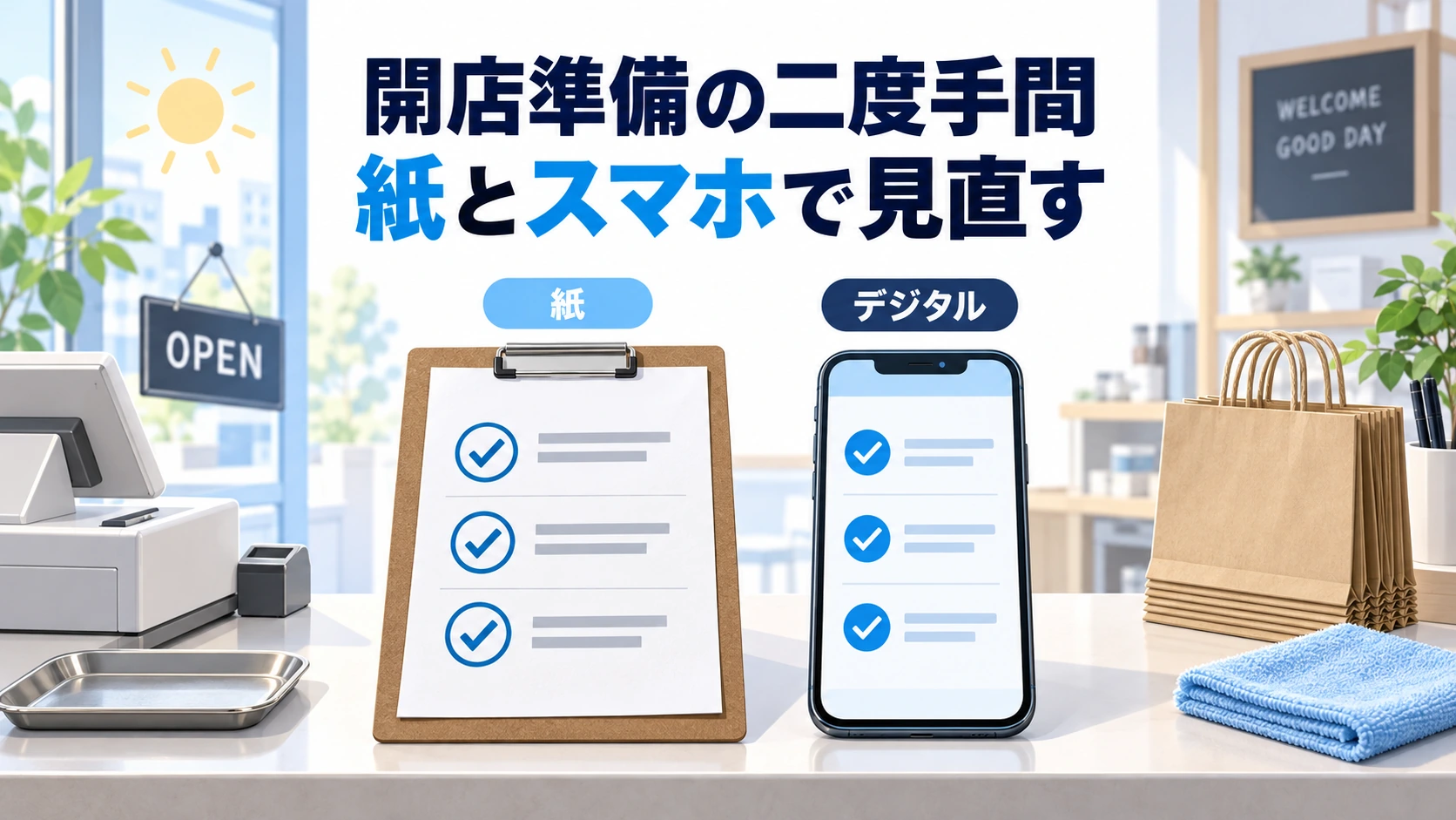 開店準備の二度手間を紙の当日チェック表とスマホの共有リストで見直す概念図。AI生成イメージ。