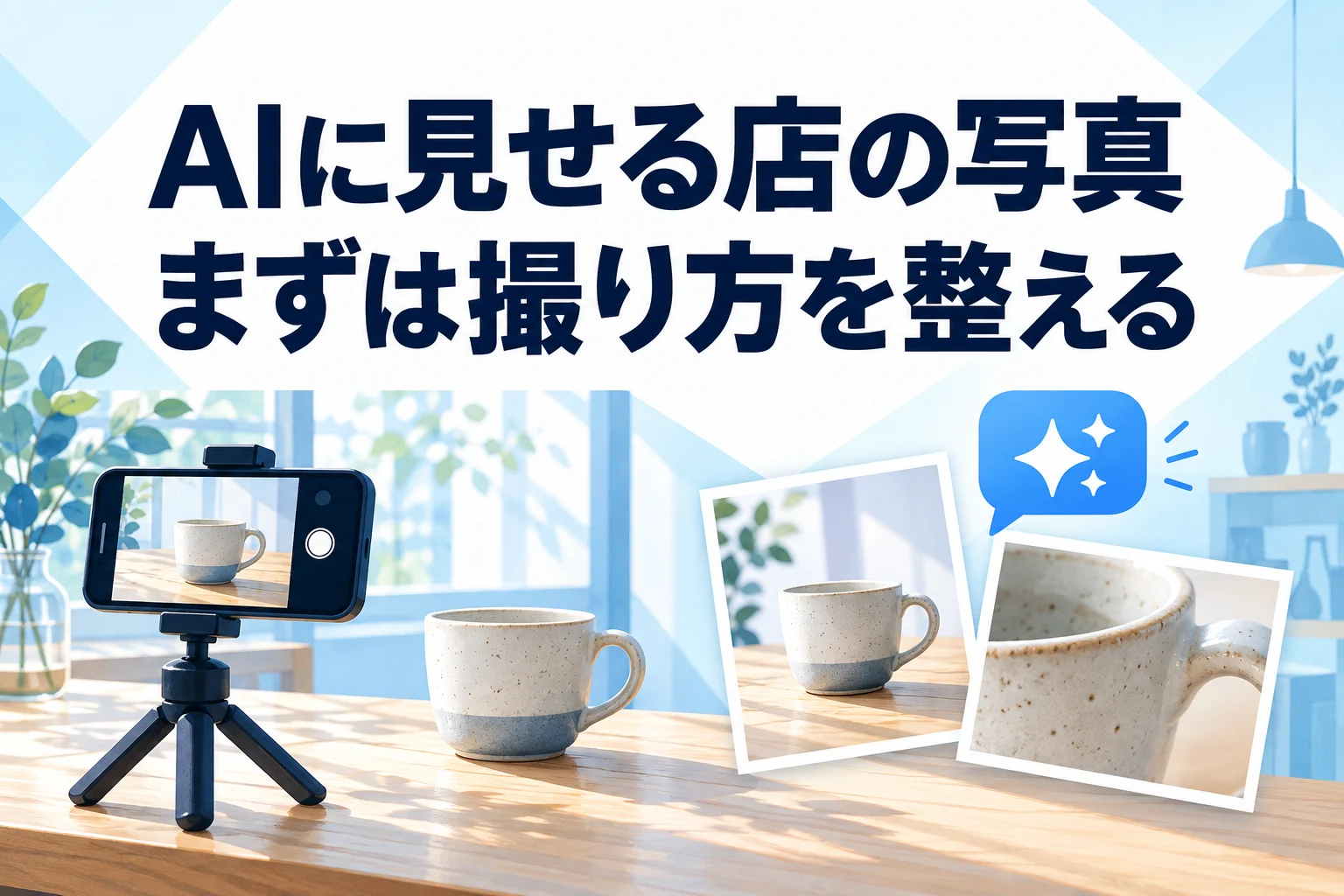 AIに見せる店の写真、まずは撮り方を整える。スマホと三脚、全体と細部を分けた商品写真を描いた概念イメージ。