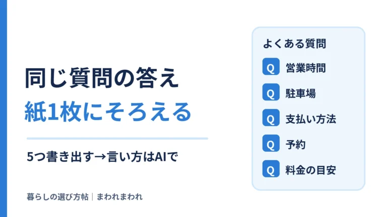 同じ質問の答え、紙1枚にそろえる。営業時間・駐車場・支払い方法・予約・料金の目安の5つのよくある質問の図