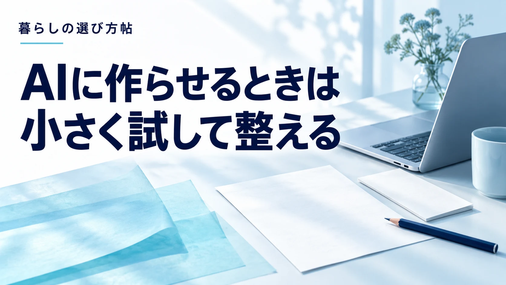「AIに作らせるときは／小さく試して整える」の見出しと、パソコン・下書き用の紙・青い鉛筆を描いたAI生成の概念イメージ。