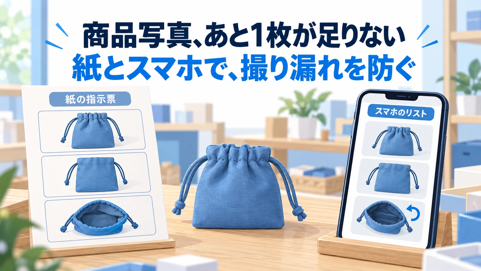 青い巾着の正面・背面・内側の3枚を、紙の撮影指示票とスマホのリストで確認するAI概念図